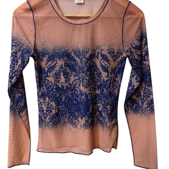 ARITZIA WILFRED Nude Beige Blue Sheer Printed Mesh Long Sleeve Top Medium - Picture 3 of 8